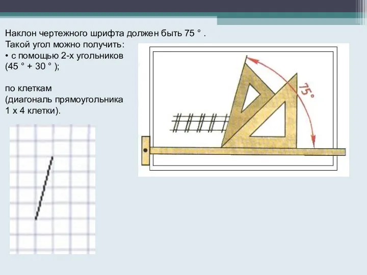 Наклон чертежного шрифта должен быть 75 ° . Такой угол