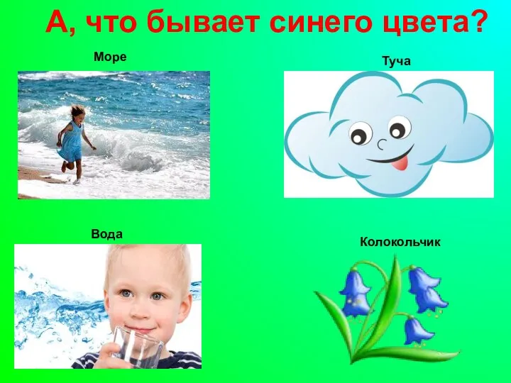 А, что бывает синего цвета? Море Туча Вода Колокольчик