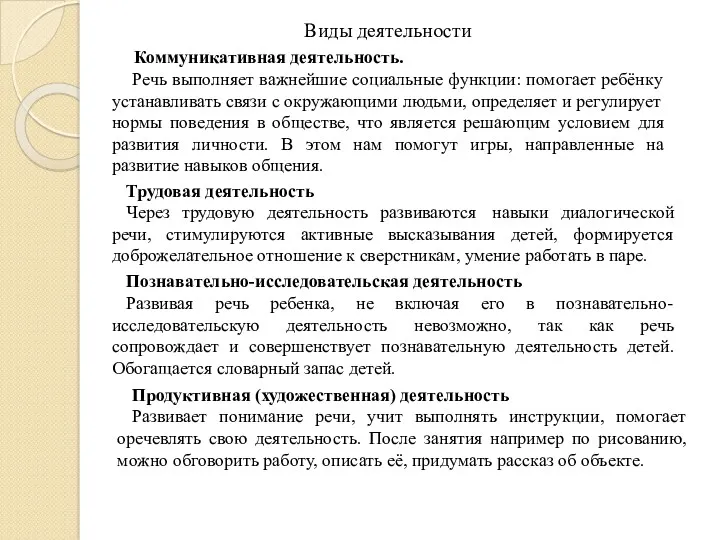 Виды деятельности Коммуникативная деятельность. Речь выполняет важнейшие социальные функции: помогает