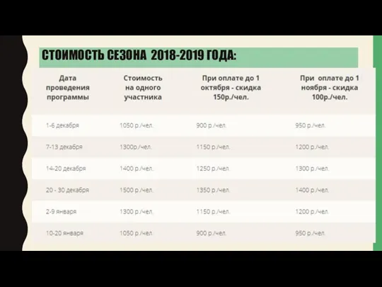 СТОИМОСТЬ СЕЗОНА 2018-2019 ГОДА: