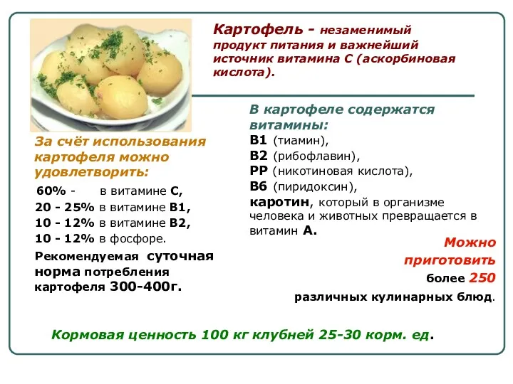 За счёт использования картофеля можно удовлетворить: 60% - в витамине С, 20 -