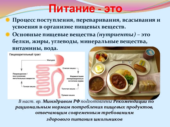 Питание - это Процесс поступления, переваривания, всасывания и усвоения в