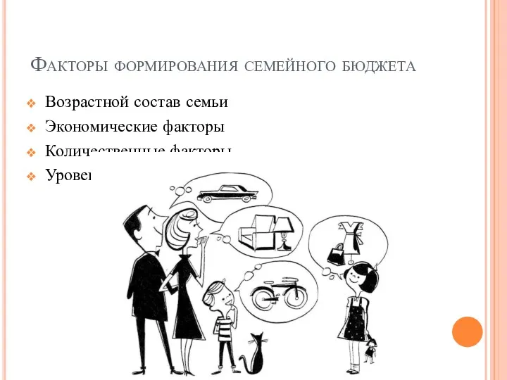 Факторы формирования семейного бюджета Возрастной состав семьи Экономические факторы Количественные факторы Уровень дохода