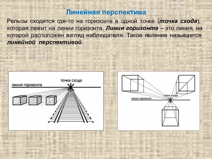 Линейная перспектива Рельсы сходятся где-то на горизонте в одной точке