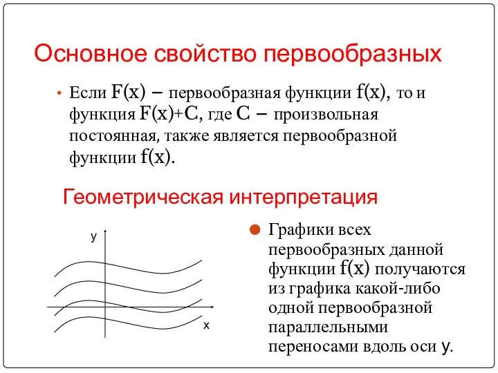 Основное свойство первообразных Если F(x) – первообразная функции f(x), то