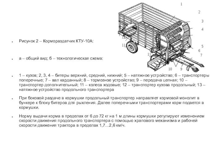 Рисунок 2 – Кормораздатчик КТУ-10А: а – общий вид; б – технологическая схема: