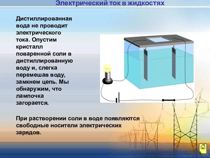 Дистиллированная вода не проводит электрического тока. Опустим кристалл поваренной соли