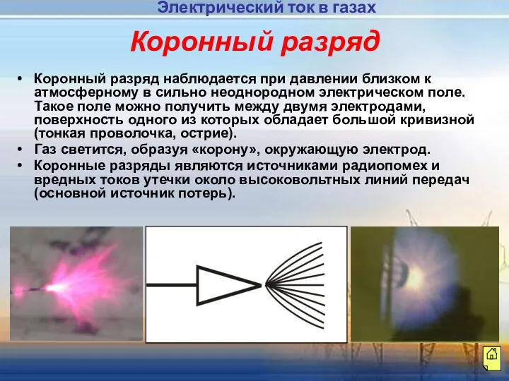 Коронный разряд Коронный разряд наблюдается при давлении близком к атмосферному