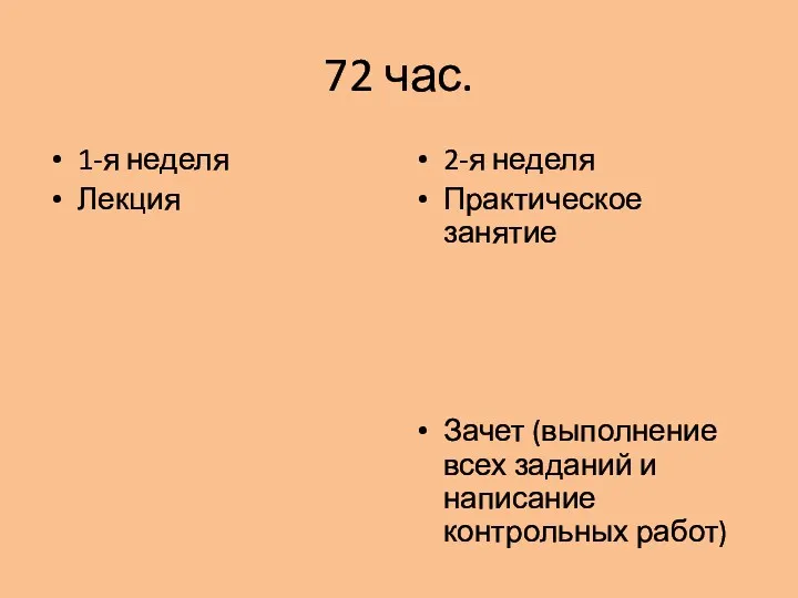 72 час. 1-я неделя Лекция 2-я неделя Практическое занятие Зачет