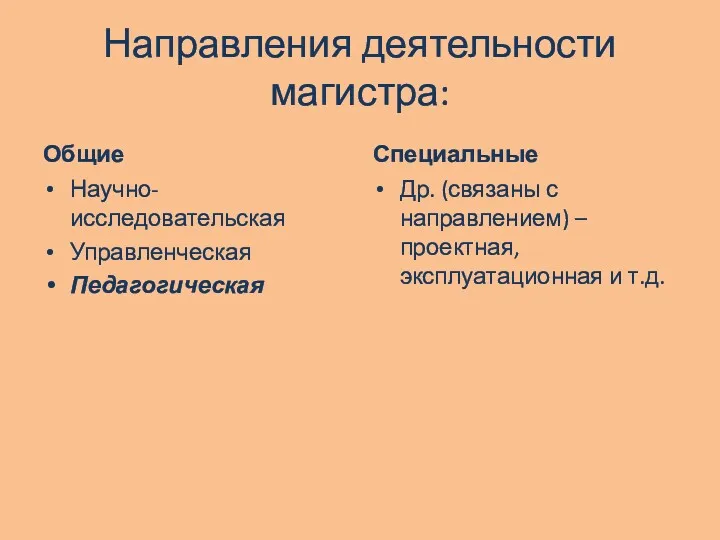 Направления деятельности магистра: Общие Научно-исследовательская Управленческая Педагогическая Специальные Др. (связаны