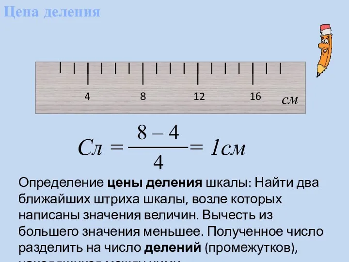 Цена деления 4 8 12 16 см Сл = =