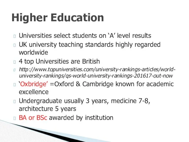 Universities select students on ‘A’ level results UK university teaching