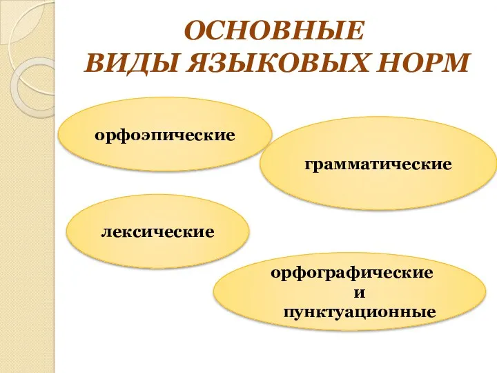 ОСНОВНЫЕ ВИДЫ ЯЗЫКОВЫХ НОРМ орфоэпические грамматические лексические орфографические и пунктуационные