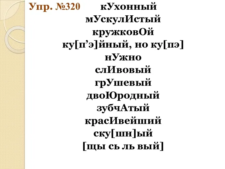 Упр. №320 кУхонный мУскулИстый кружковОй ку[п’э]йный, но ку[пэ] нУжно слИвовый