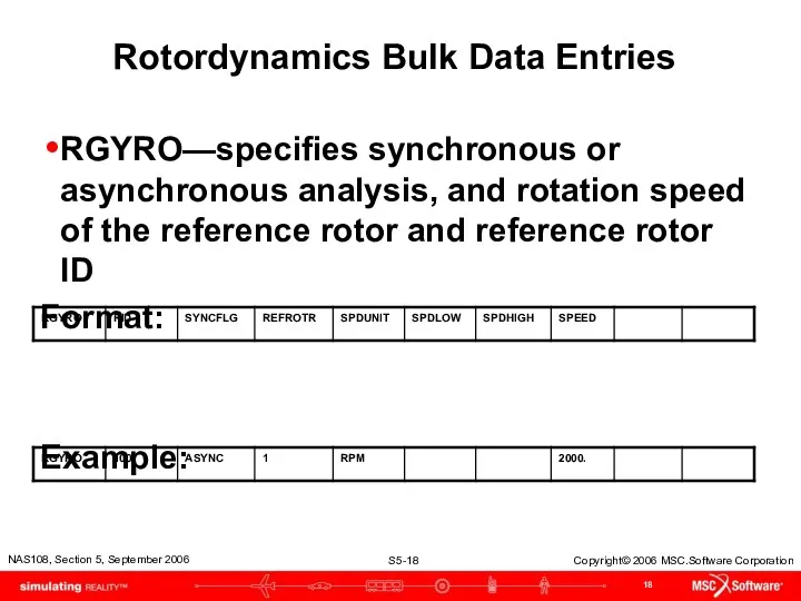 Rotordynamics Bulk Data Entries RGYRO—specifies synchronous or asynchronous analysis, and