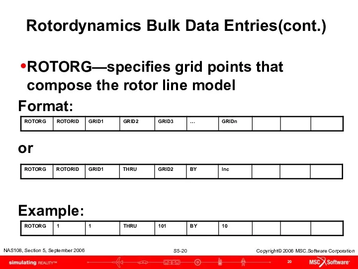 Rotordynamics Bulk Data Entries(cont.) ROTORG—specifies grid points that compose the rotor line model Format: or Example: