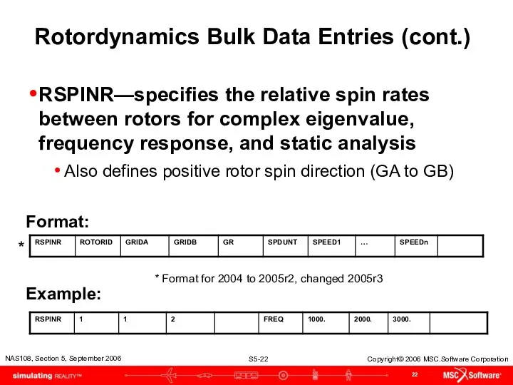 Rotordynamics Bulk Data Entries (cont.) RSPINR—specifies the relative spin rates