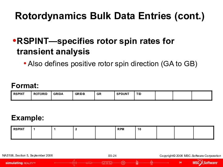 Rotordynamics Bulk Data Entries (cont.) RSPINT—specifies rotor spin rates for