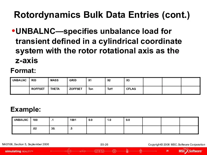 Rotordynamics Bulk Data Entries (cont.) UNBALNC—specifies unbalance load for transient