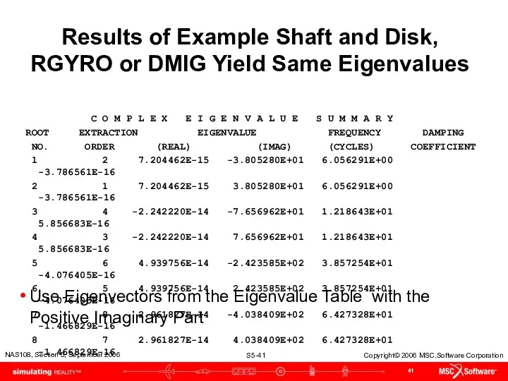 Results of Example Shaft and Disk, RGYRO or DMIG Yield
