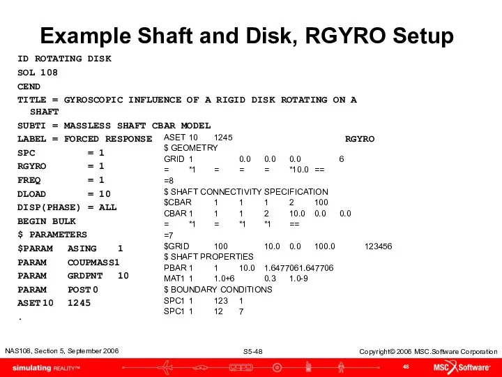 Example Shaft and Disk, RGYRO Setup ID ROTATING DISK SOL