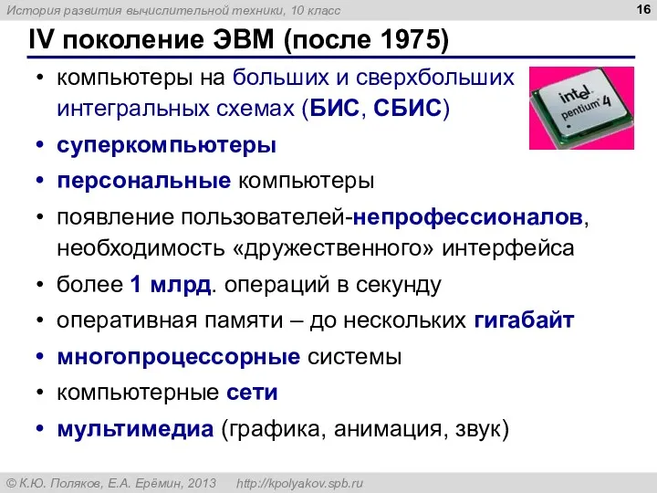 IV поколение ЭВМ (после 1975) компьютеры на больших и сверхбольших