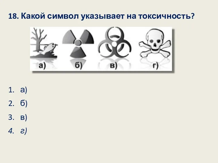 18. Какой символ указывает на токсичность? 1. а) 2. б) 3. в) 4. г)