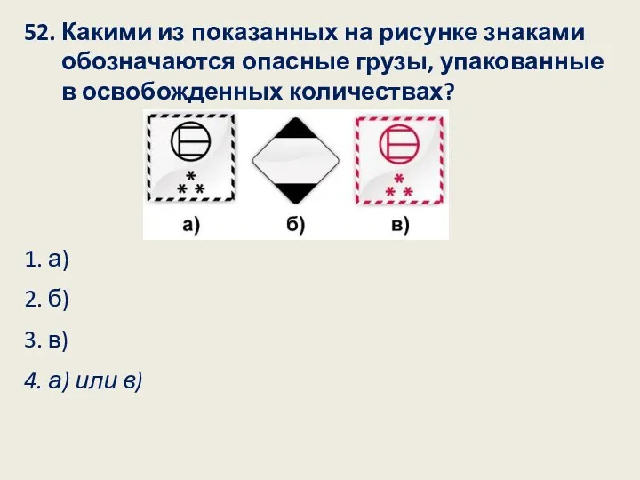 52. Какими из показанных на рисунке знаками обозначаются опасные грузы,