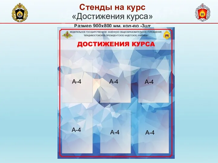 «Достижения курса» Размер 900х800 мм, кол-во -3шт Стенды на курс А-4 А-4 А-4 А-4 А-4 А-4