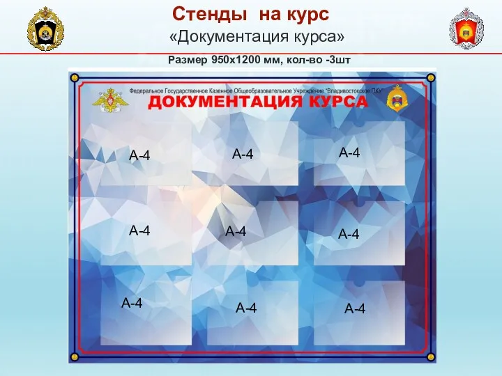 «Документация курса» Размер 950х1200 мм, кол-во -3шт Стенды на курс