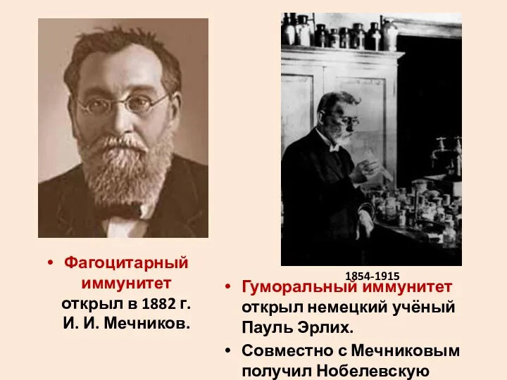 Фагоцитарный иммунитет открыл в 1882 г. И. И. Мечников. Гуморальный иммунитет открыл немецкий