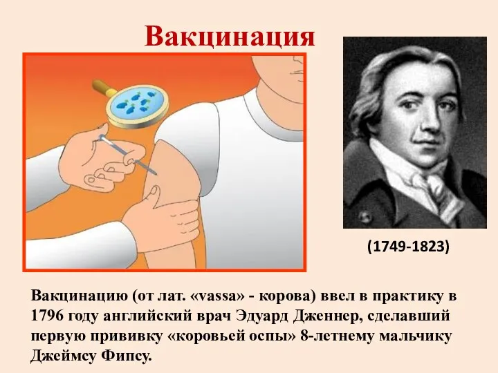 Вакцинация Вакцинацию (от лат. «vassa» - корова) ввел в практику в 1796 году