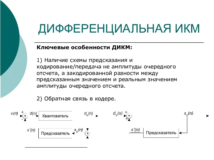 ДИФФЕРЕНЦИАЛЬНАЯ ИКМ Ключевые особенности ДИКМ: 1) Наличие схемы предсказания и