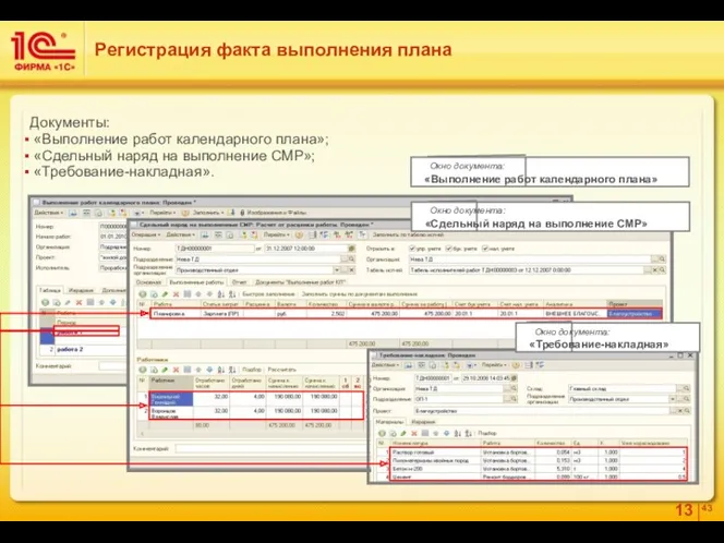 Документы: «Выполнение работ календарного плана»; «Сдельный наряд на выполнение СМР»;