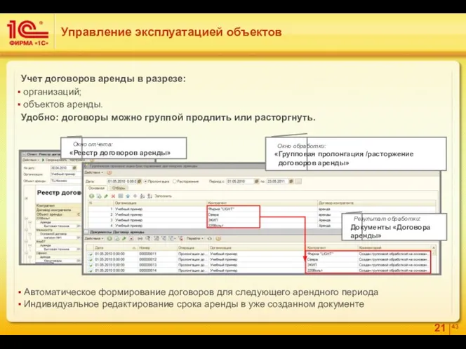 Учет договоров аренды в разрезе: организаций; объектов аренды. Удобно: договоры