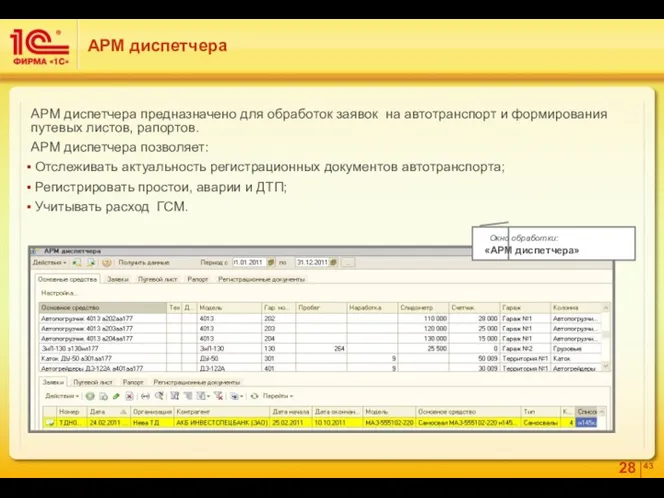 АРМ диспетчера АРМ диспетчера предназначено для обработок заявок на автотранспорт