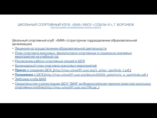 ШКОЛЬНЫЙ СПОРТИВНЫЙ КЛУБ «БАМ» МБОУ «СОШ № 97», Г. ВОРОНЕЖ