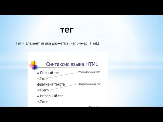 Тег— элемент языка разметки (например HTML) тег