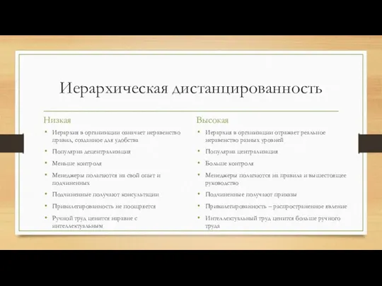 Иерархическая дистанцированность Низкая Иерархия в организации означает неравенство правил, созданное