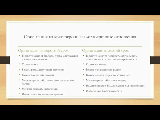 Ориентация на краткосрочные/долгосрочные отношения Ориентация на короткий срок В работе