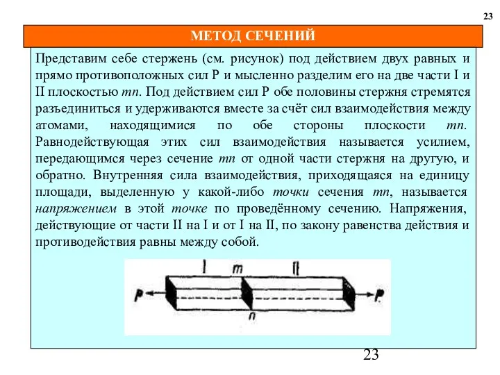 МЕТОД СЕЧЕНИЙ 23 Представим себе стержень (см. рисунок) под действием