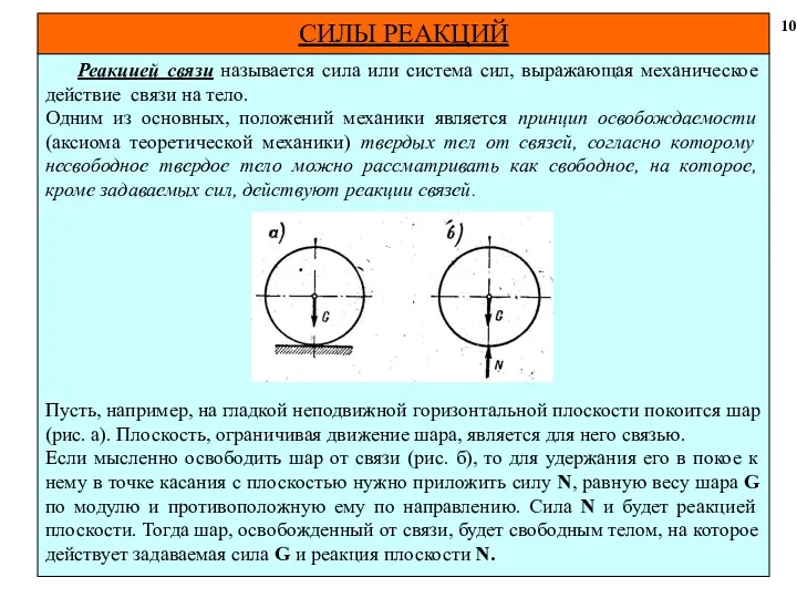 СИЛЫ РЕАКЦИЙ 10 Реакцией связи называется сила или система сил,