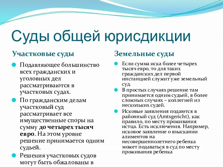 Суды общей юрисдикции Участковые суды Земельные суды Подавляющее большинство всех