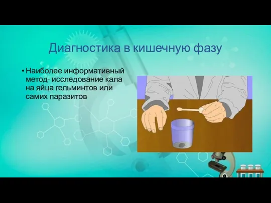 Диагностика в кишечную фазу Наиболее информативный метод- исследование кала на яйца гельминтов или самих паразитов