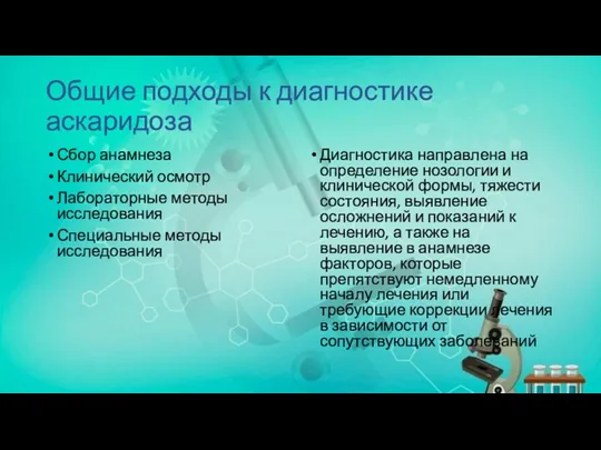 Общие подходы к диагностике аскаридоза Сбор анамнеза Клинический осмотр Лабораторные