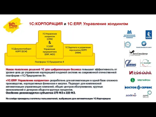 1С:КОРПОРАЦИЯ и 1C:ERP. Управление холдингом Новое поколение решений 1С для