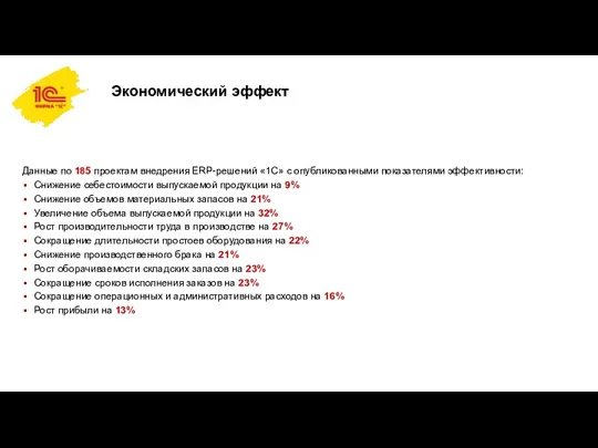 Экономический эффект Данные по 185 проектам внедрения ERP-решений «1С» с