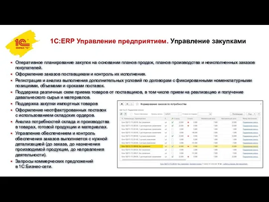 1С:ERP Управление предприятием. Управление закупками Оперативное планирование закупок на основании