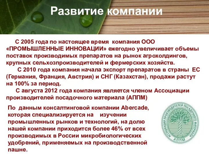 Развитие компании С 2005 года по настоящее время компания ООО