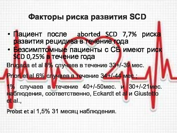 Факторы риска развития SCD Пациент после aborted SCD 7,7% риска